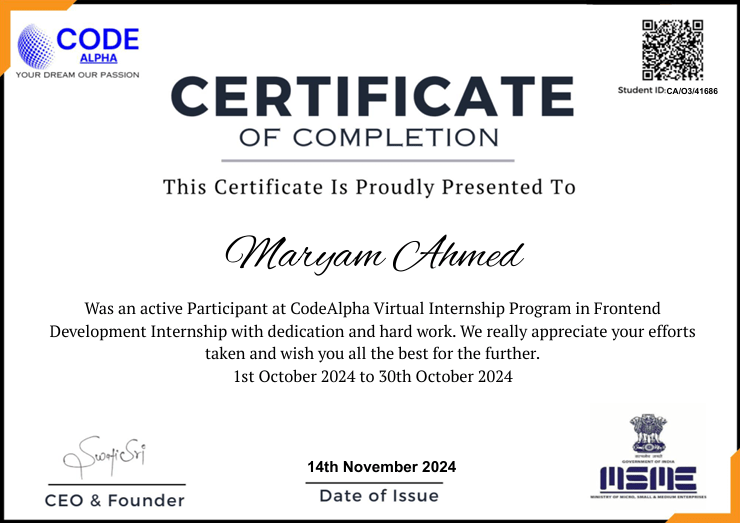 Code Alpha certificate of Maryam Ahmed
