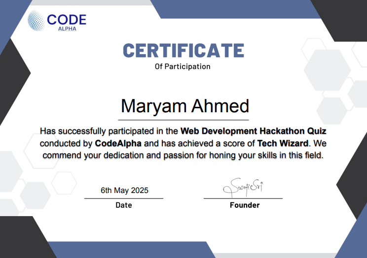 hackathon certificate by Maryam Ahmed
